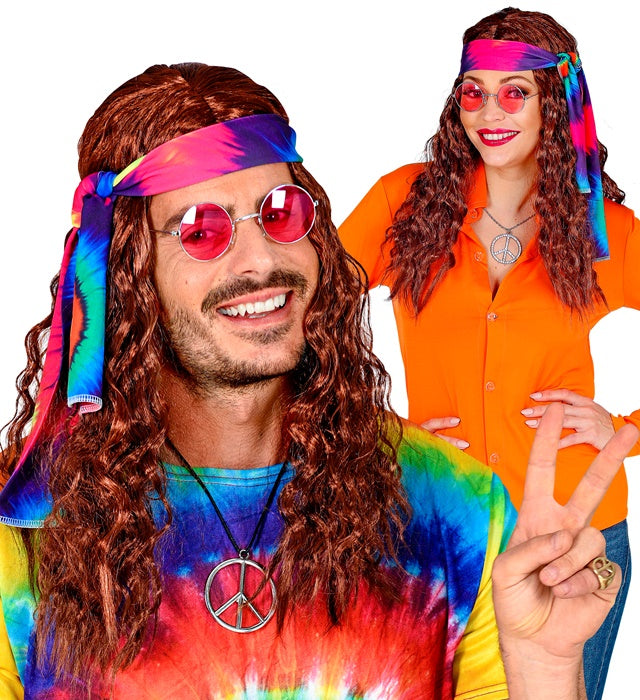 Braune Hippieperücke mit buntem Batik-Stirnband in Box