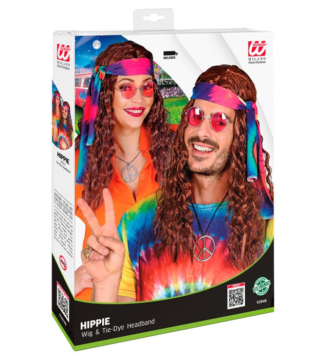 Braune Hippieperücke mit buntem Batik-Stirnband in Box