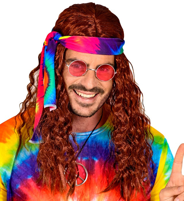 Braune Hippieperücke mit buntem Batik-Stirnband in Box