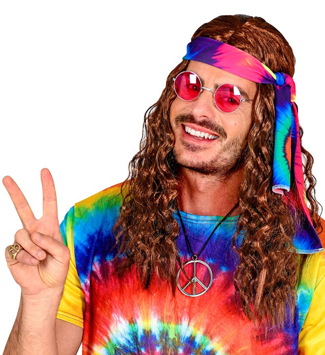 Braune Hippieperücke mit buntem Batik-Stirnband in Box