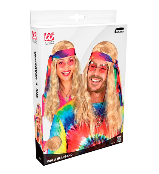 Blonde Hippieperücke mit farbigem Batik Stirnband auf weissem Hintergrund