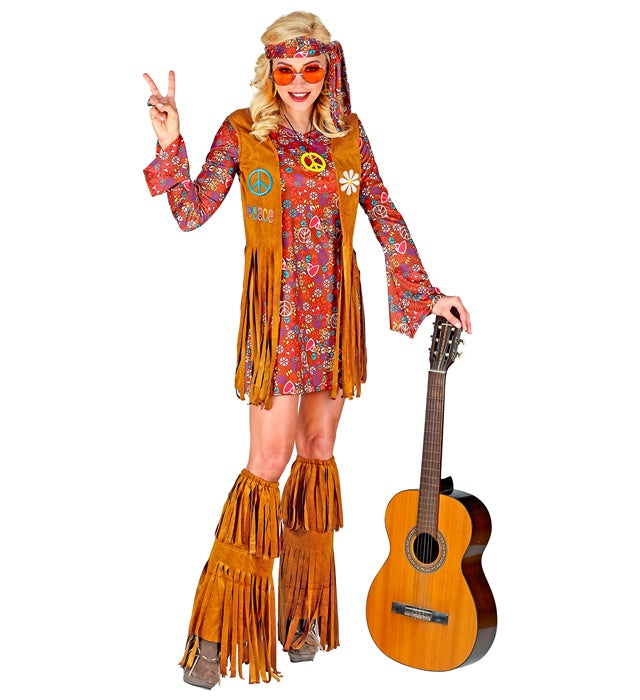 Hippie Kostüm Set mit Kleid, Weste, Stirnband und Stiefelüberziehern mit Fransen