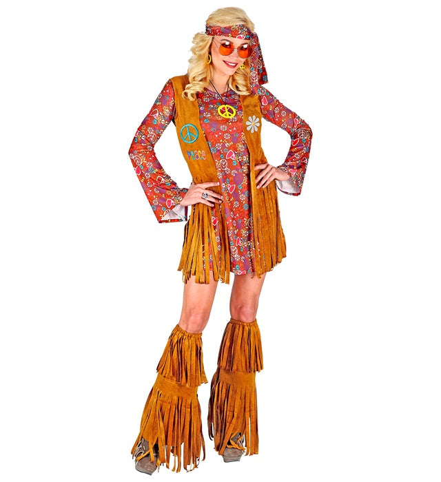 Hippie Kostüm Set mit Kleid, Weste, Stirnband und Stiefelüberziehern mit Fransen