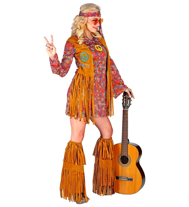 Hippie Kostüm Set mit Kleid, Weste, Stirnband und Stiefelüberziehern mit Fransen