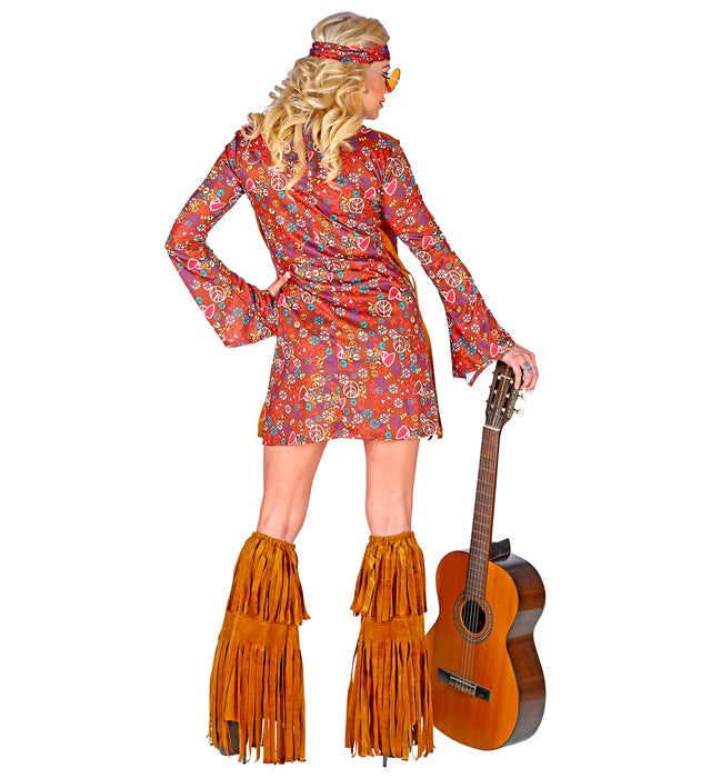 Hippie Kostüm Set mit Kleid, Weste, Stirnband und Stiefelüberziehern mit Fransen