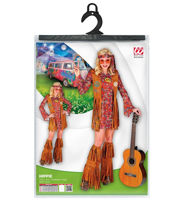 Hippie Kostüm Set mit Kleid, Weste, Stirnband und Stiefelüberziehern mit Fransen
