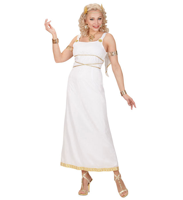 Kostüm einer griechischen Göttin mit weißem Kleid und Lorbeerkranz auf dem Kopf
