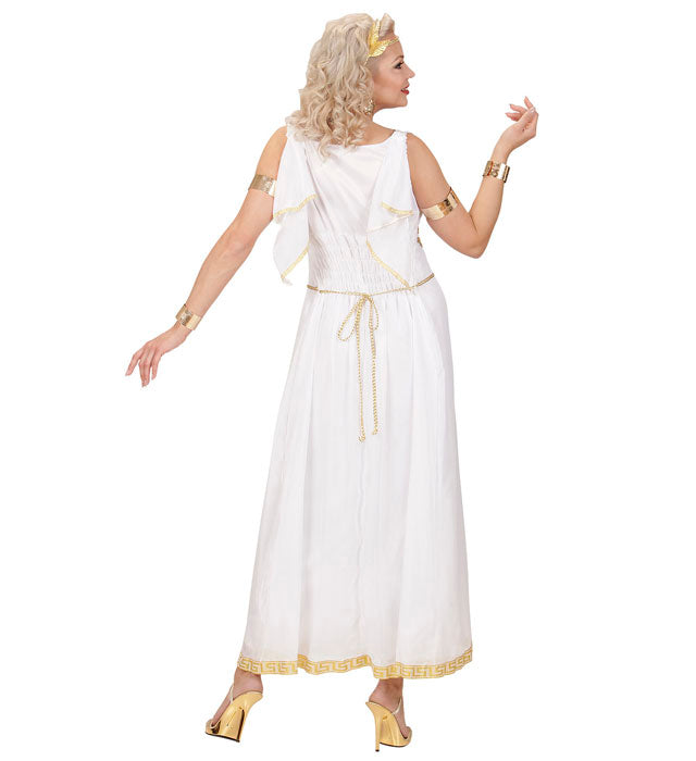 Kostüm einer griechischen Göttin mit weißem Kleid und Lorbeerkranz auf dem Kopf