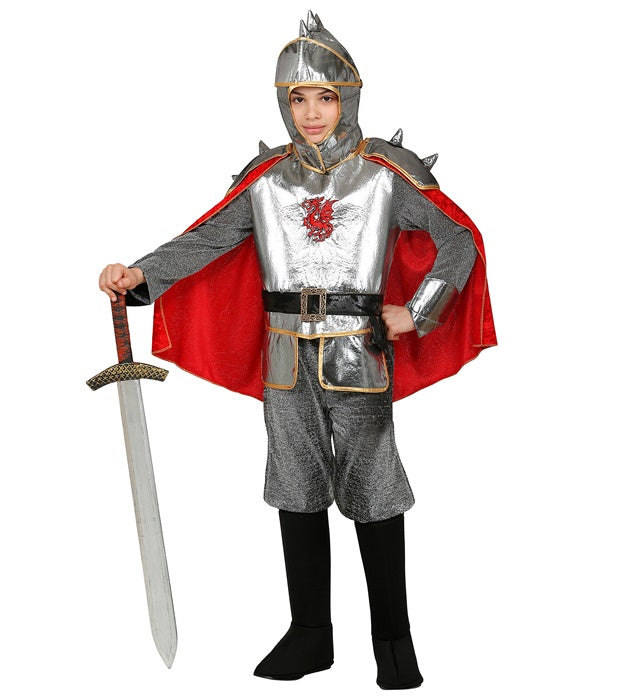 Ritterkostüm mit Rüstung, Umhang, Gürtel und Helm auf neutralem Hintergrund