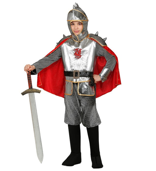 Ritterkostüm mit Rüstung, Umhang, Gürtel und Helm auf neutralem Hintergrund
