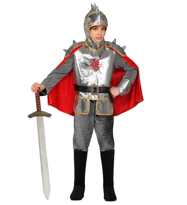 Ritterkostüm mit Rüstung, Umhang, Gürtel und Helm auf neutralem Hintergrund