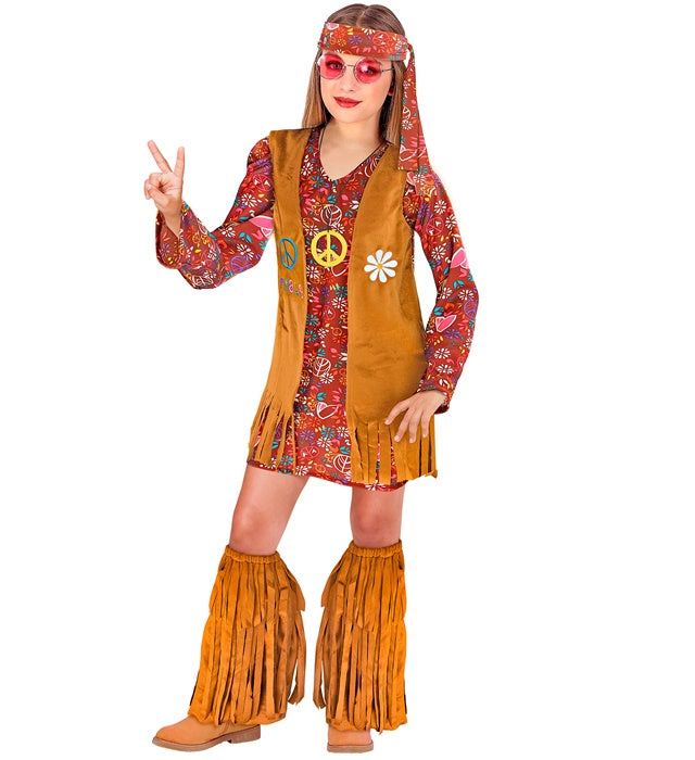 Hippie-Kostüm-Set mit Kleid, Weste, Stirnband und Fransen-Stiefelüberziehern