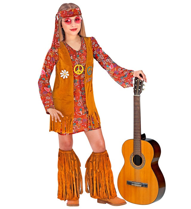 Hippie-Kostüm-Set mit Kleid, Weste, Stirnband und Fransen-Stiefelüberziehern