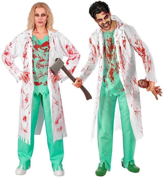 Zombie Chirurg Kostüm mit blutverschmiertem Laborkittel, Hose und Handschuhen
