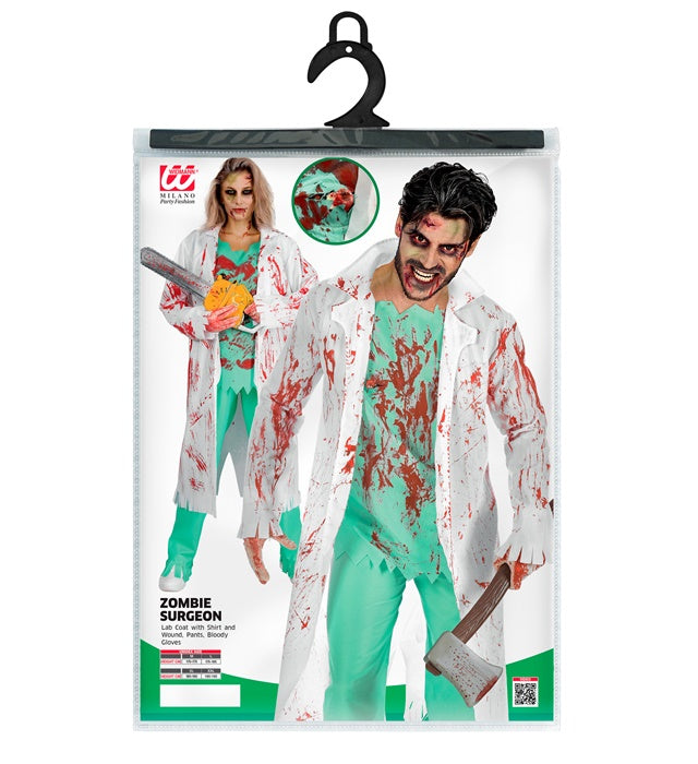 Zombie Chirurg Kostüm mit blutverschmiertem Laborkittel, Hose und Handschuhen