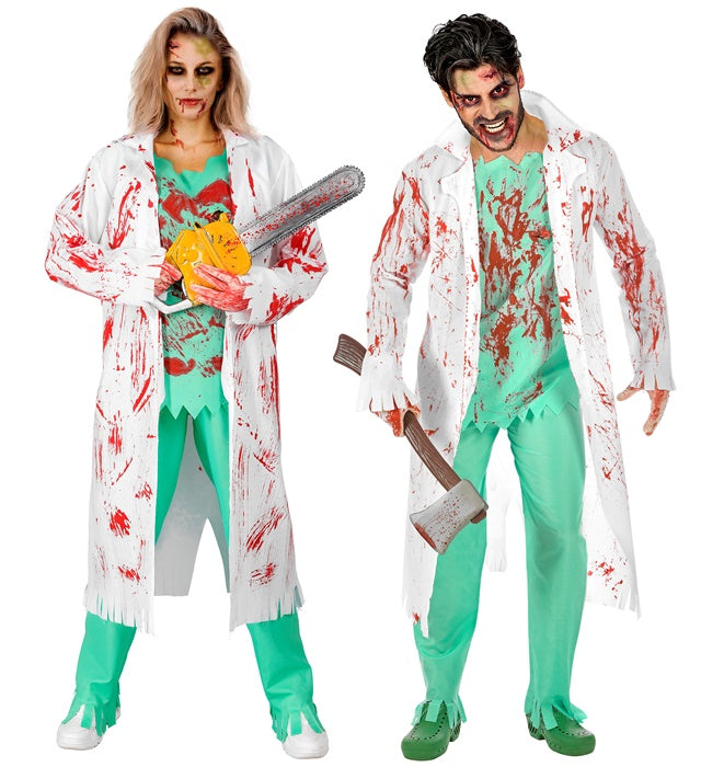 Zombie Chirurg Kostüm mit blutverschmiertem Laborkittel, Hose und Handschuhen