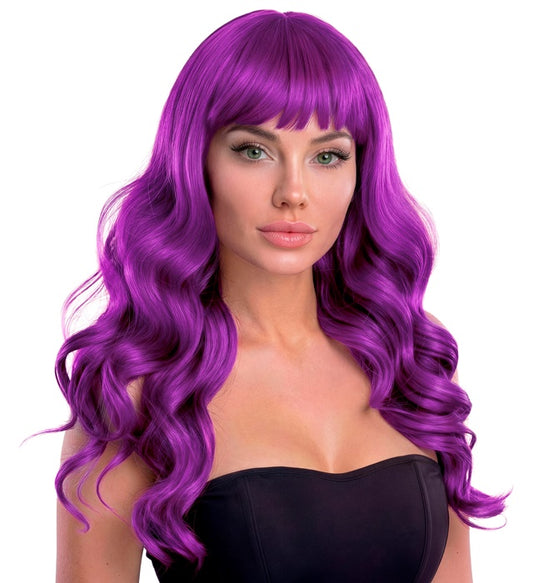Lila Perücke Bella auf weißem Hintergrund, ideal für Fasnacht und Karneval