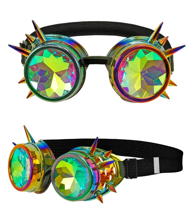 Kaleidoskopische Steampunk Brille mit metallischem Gestell und bunten Gläsern
