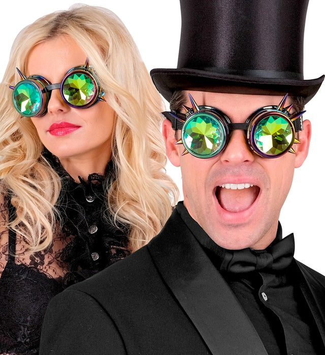 Kaleidoskopische Steampunk Brille mit metallischem Gestell und bunten Gläsern