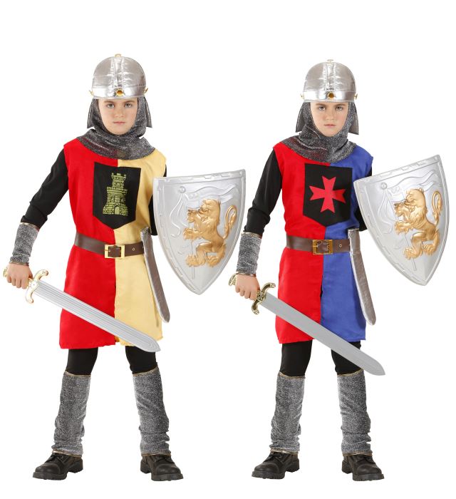 Mittelalterliches Ritterkostüm mit Helm und Gürtel in zwei Farben