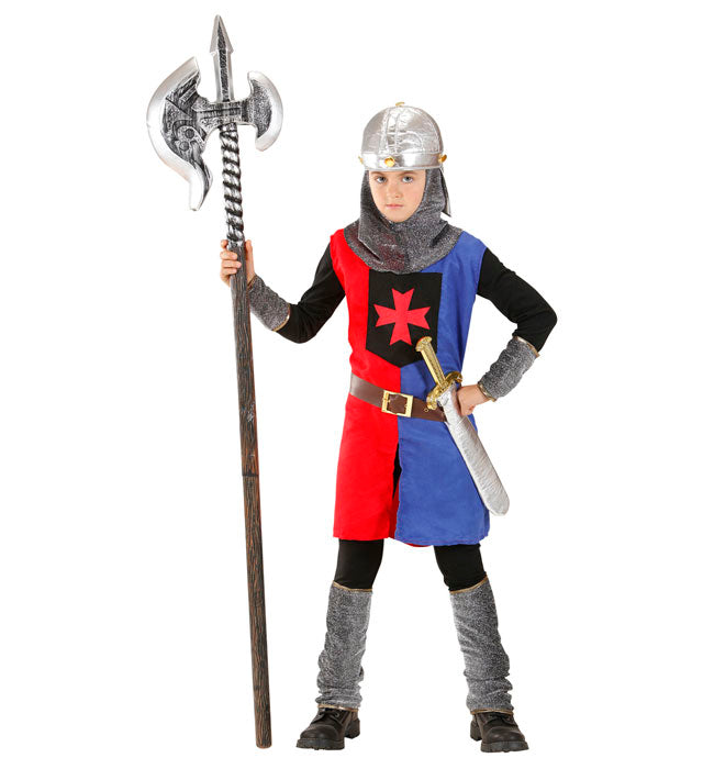 Mittelalterliches Ritterkostüm mit Helm und Gürtel in zwei Farben