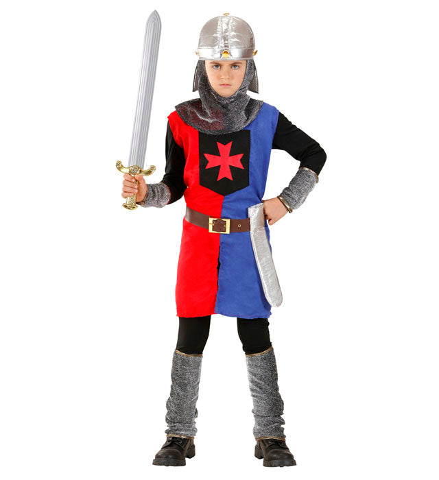 Mittelalterliches Ritterkostüm mit Helm und Gürtel in zwei Farben