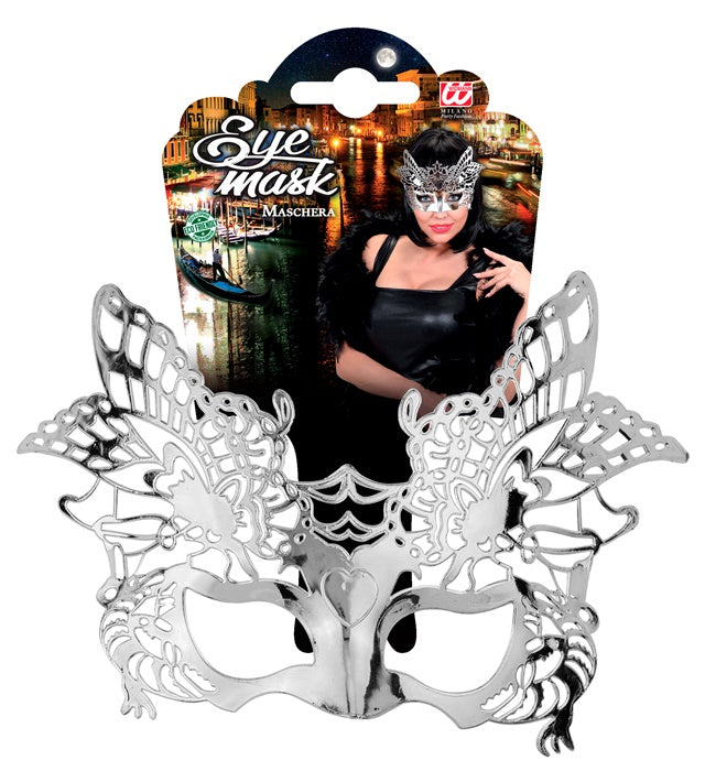 Silberne venezianische Maske mit filigranem Design für Fasnacht