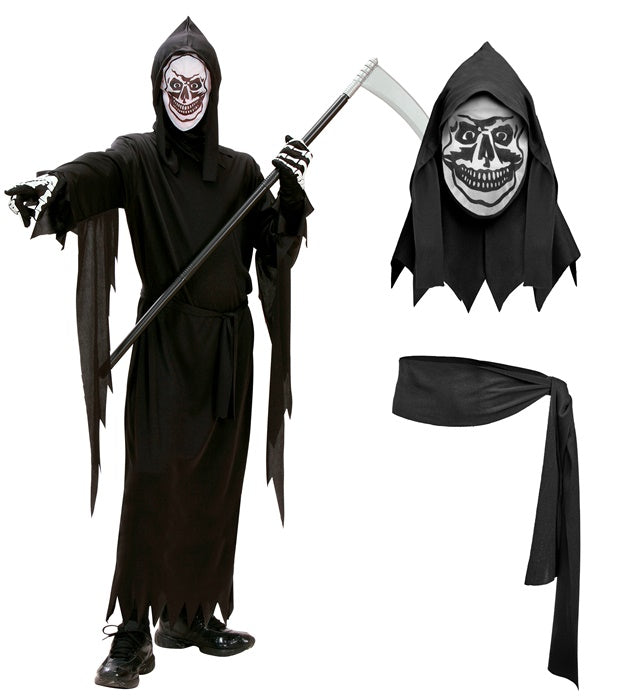 Sensenmann Kostüm mit schwarzer Robe, Gürtel und Kapuze inklusive Maske