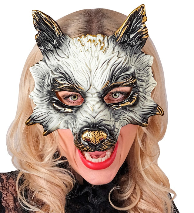 Realistische Wolfsmaske für Fasnacht und Karneval in Grau und Weiss