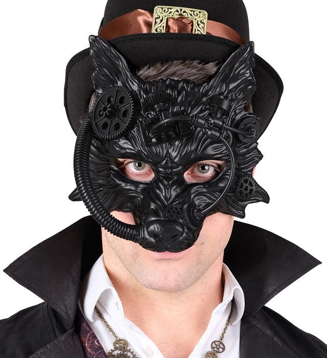 Schwarze Steampunk Wolfsmaske mit detailreichem Design