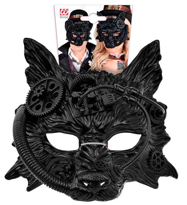 Schwarze Steampunk Wolfsmaske mit detailreichem Design