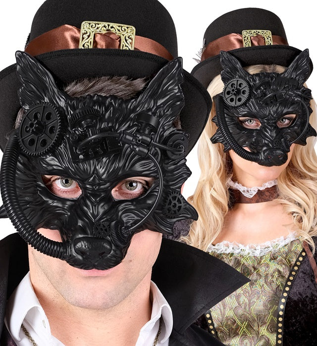 Schwarze Steampunk Wolfsmaske mit detailreichem Design