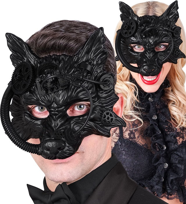 Schwarze Steampunk Wolfsmaske mit detailreichem Design