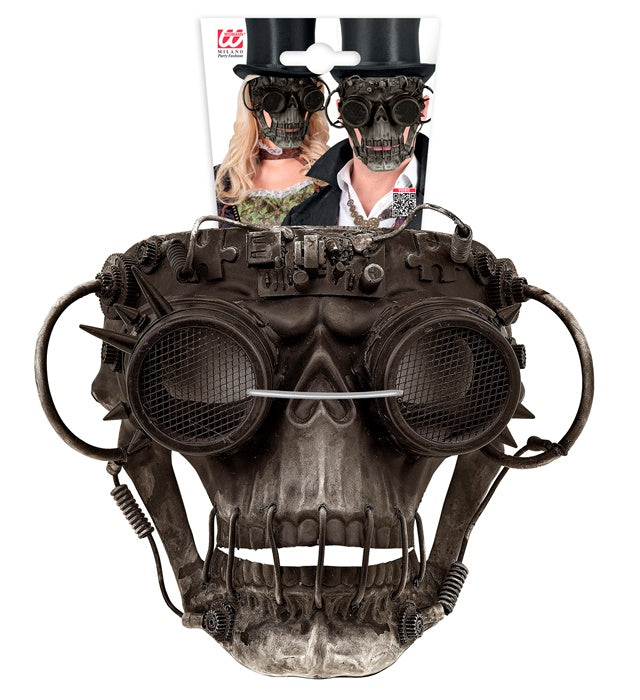 Steampunk Totenkopf Maske mit Zahnrädern und metallischem Design