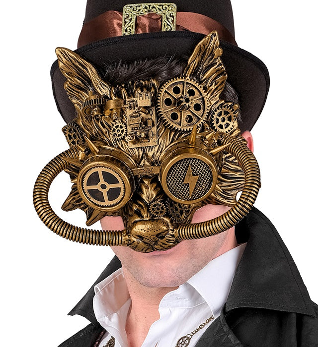 Goldene Steampunk Wolfsmaske mit filigranen Details und elastischem Haltegurt