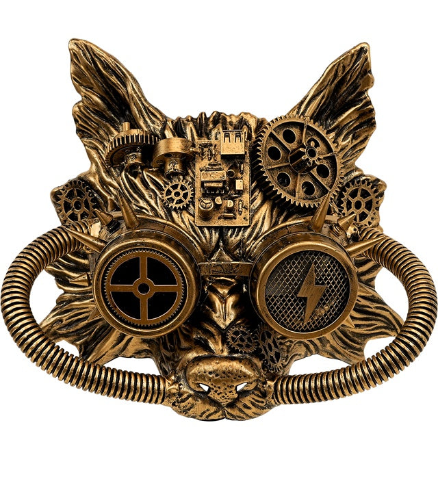 Goldene Steampunk Wolfsmaske mit markanten Details und futuristischem Design