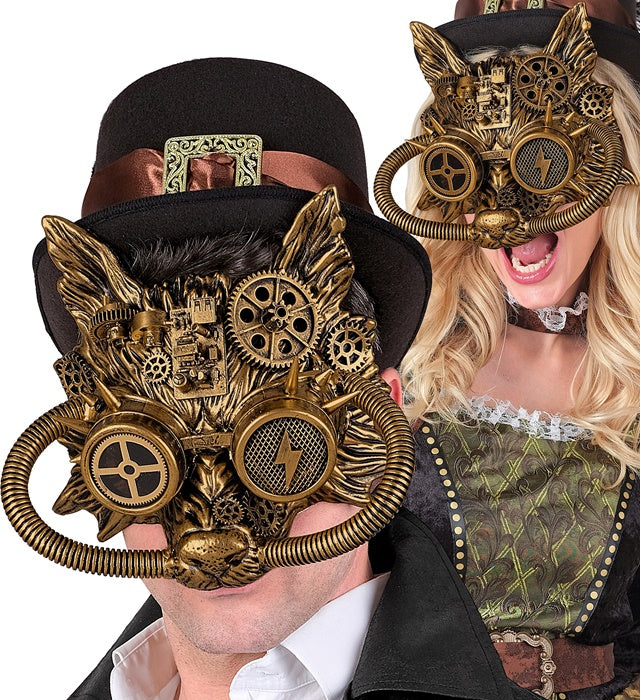 Goldene Steampunk Wolfsmaske mit markanten Details und futuristischem Design