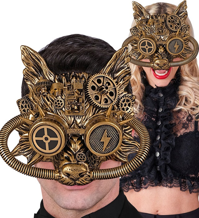 Goldene Steampunk Wolfsmaske mit markanten Details und futuristischem Design