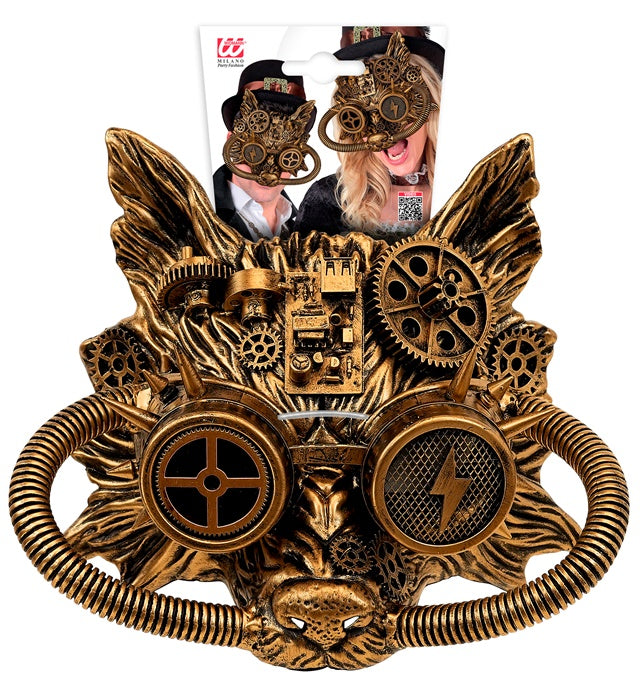 Goldene Steampunk Wolfsmaske mit filigranen Details auf schwarzem Hintergrund
