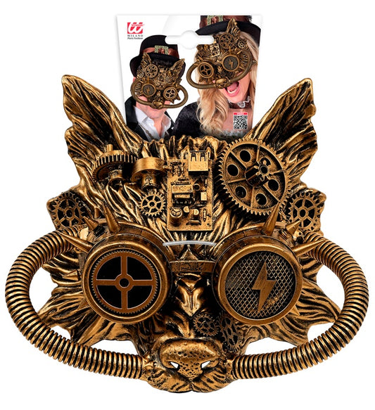 Goldene Steampunk Wolfsmaske mit filigranen Details auf schwarzem Hintergrund