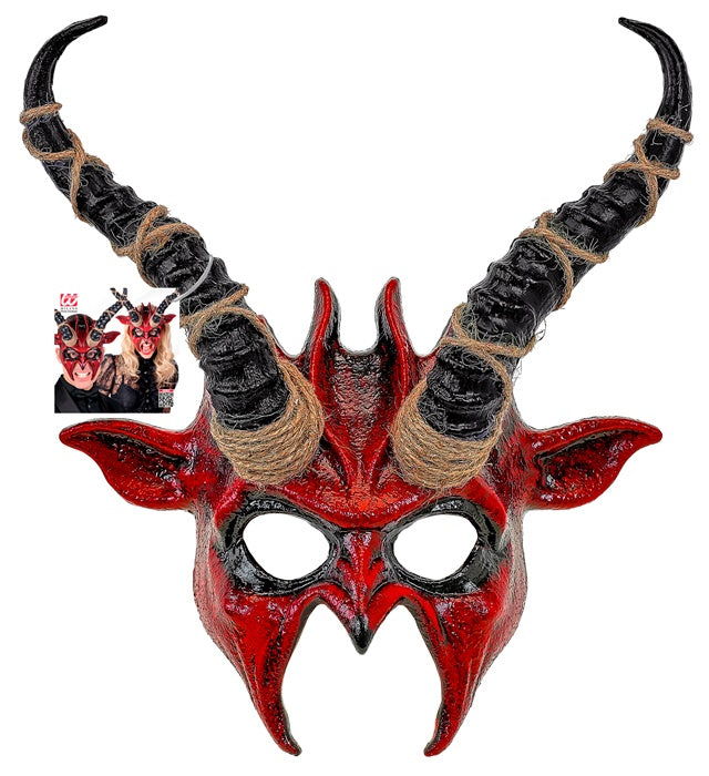 Teufels Schamanenkopf Maske mit Hörnern und mystischem Design