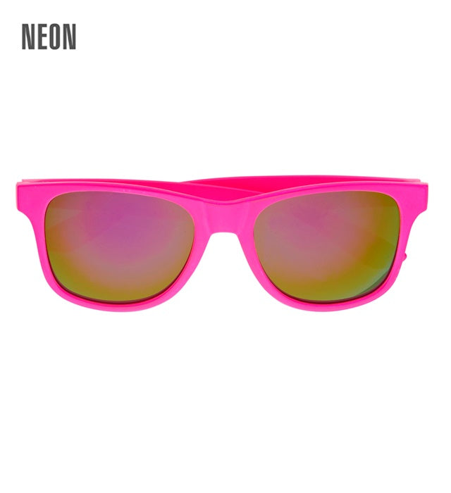 Neon pinke 80er Jahre Brille mit spiegelnden Revo-Gläsern