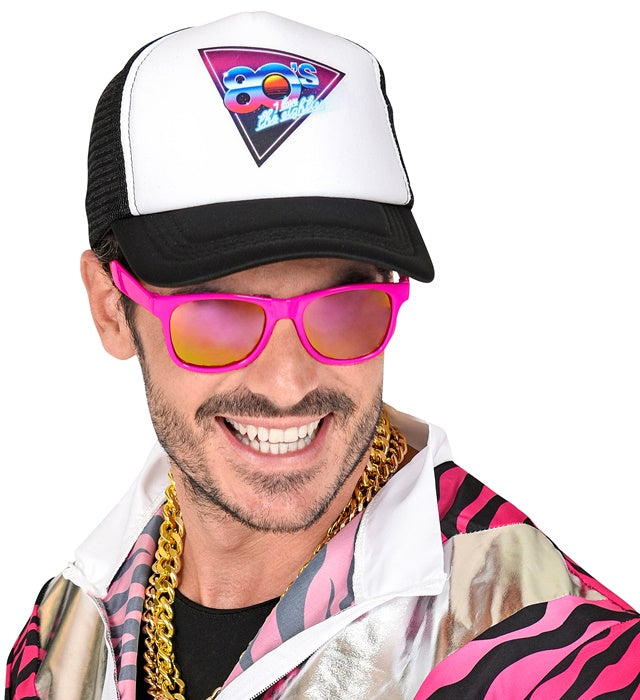 Neon pinke 80er Jahre Brille mit spiegelnden Revo-Gläsern