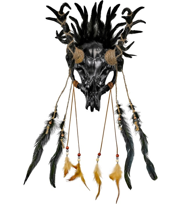Bullenschädel Schamanenkopf Maske mit schwarzen Federn für Fasnacht und Halloween
