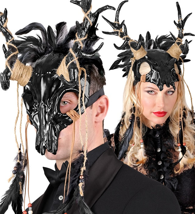 Bullenschädel Schamanenkopf Maske mit schwarzen Federn für Fasnacht und Halloween