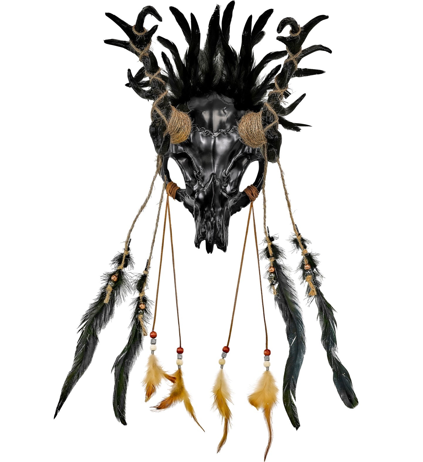 Bullenschädel Schamanenkopf Commedia Dell'Arte Maske mit schwarzen Federn