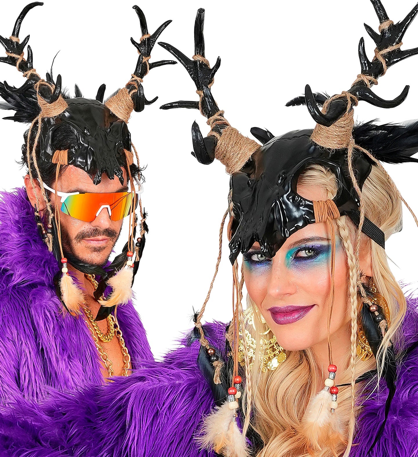 Bullenschädel Schamanenkopf Commedia Dell'Arte Maske mit schwarzen Federn