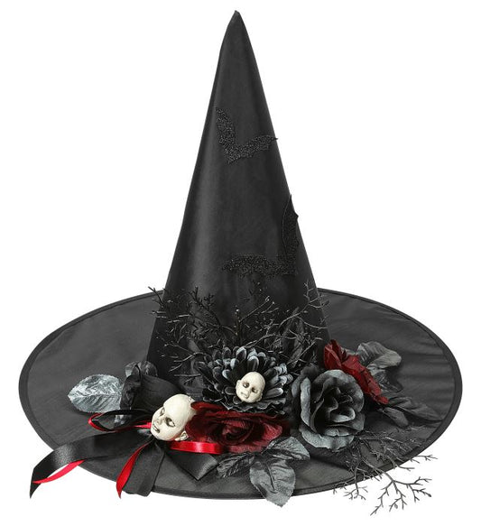 HEXENHUT MIT FLEDERMÄUSEN, ROSEN & KÖPFEN VON ZOMBIEPUPPEN Schwarz