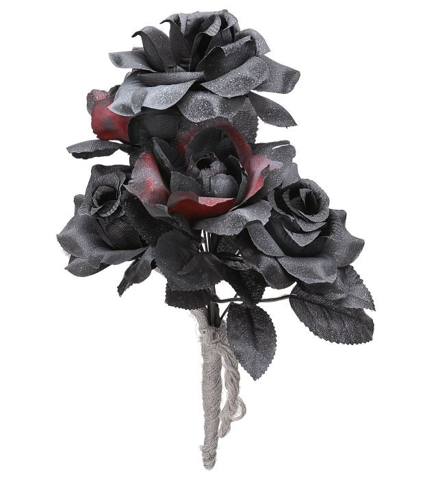 Halloween Brautstrauß mit schwarzen und roten Rosen als Kostümzubehör
