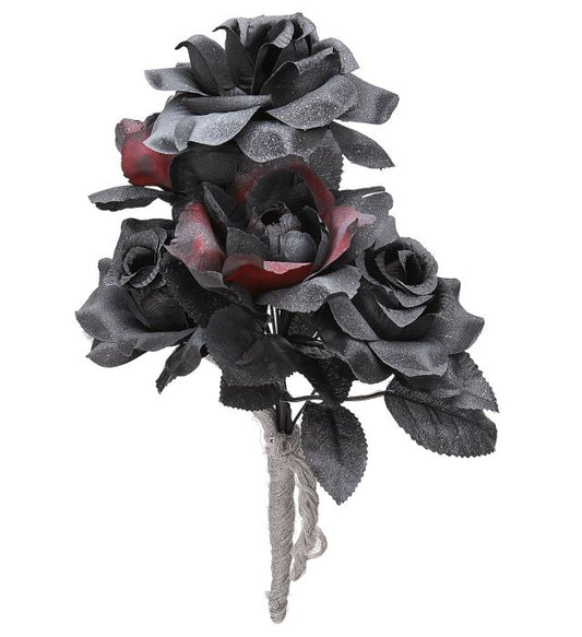 Halloween Brautstrauß mit schwarzen und roten Rosen als Kostümzubehör